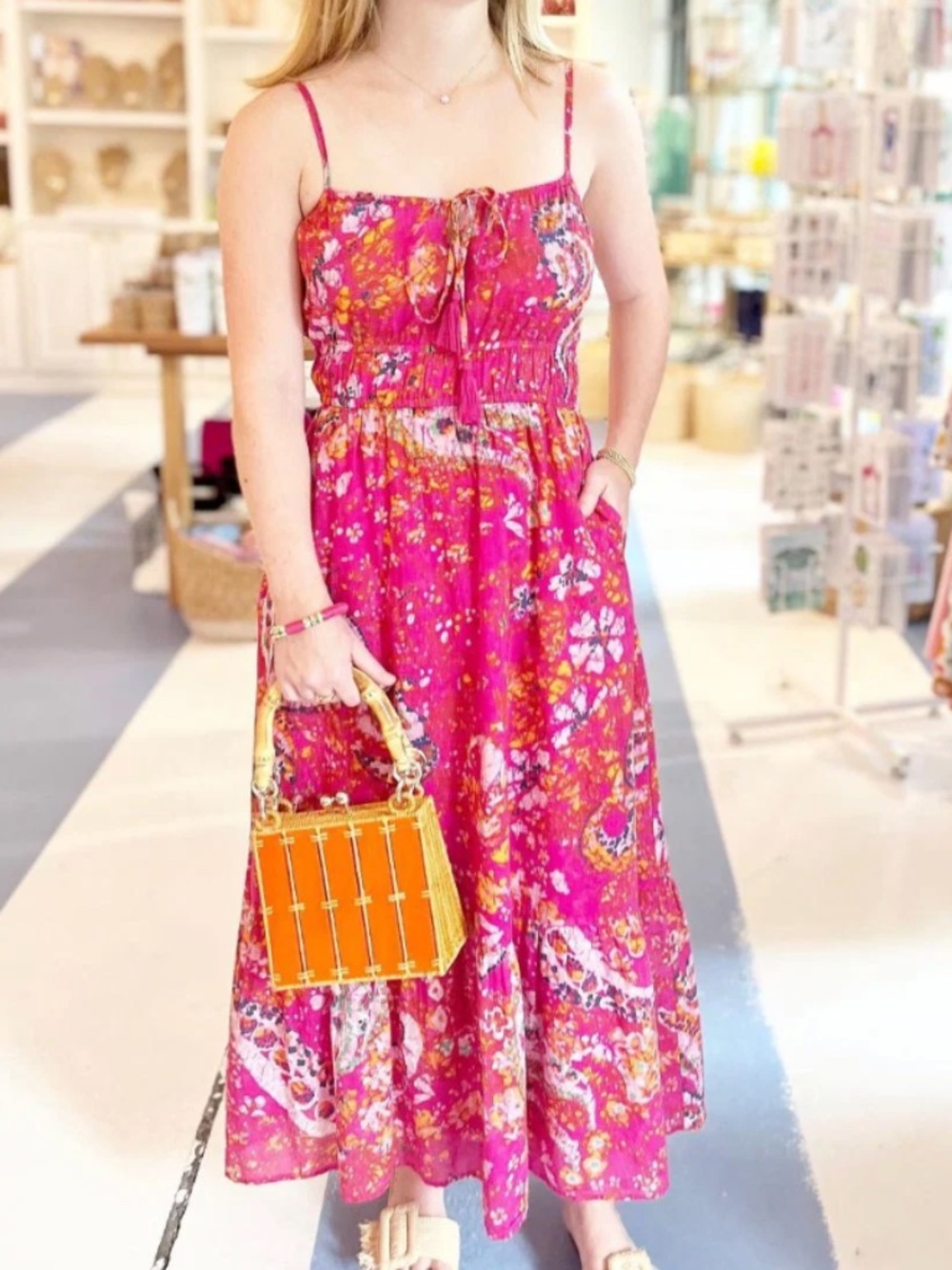 Cleobella Monaco Sleeveless Tiered Midi Dress Pink Hibiscus Floral Size S